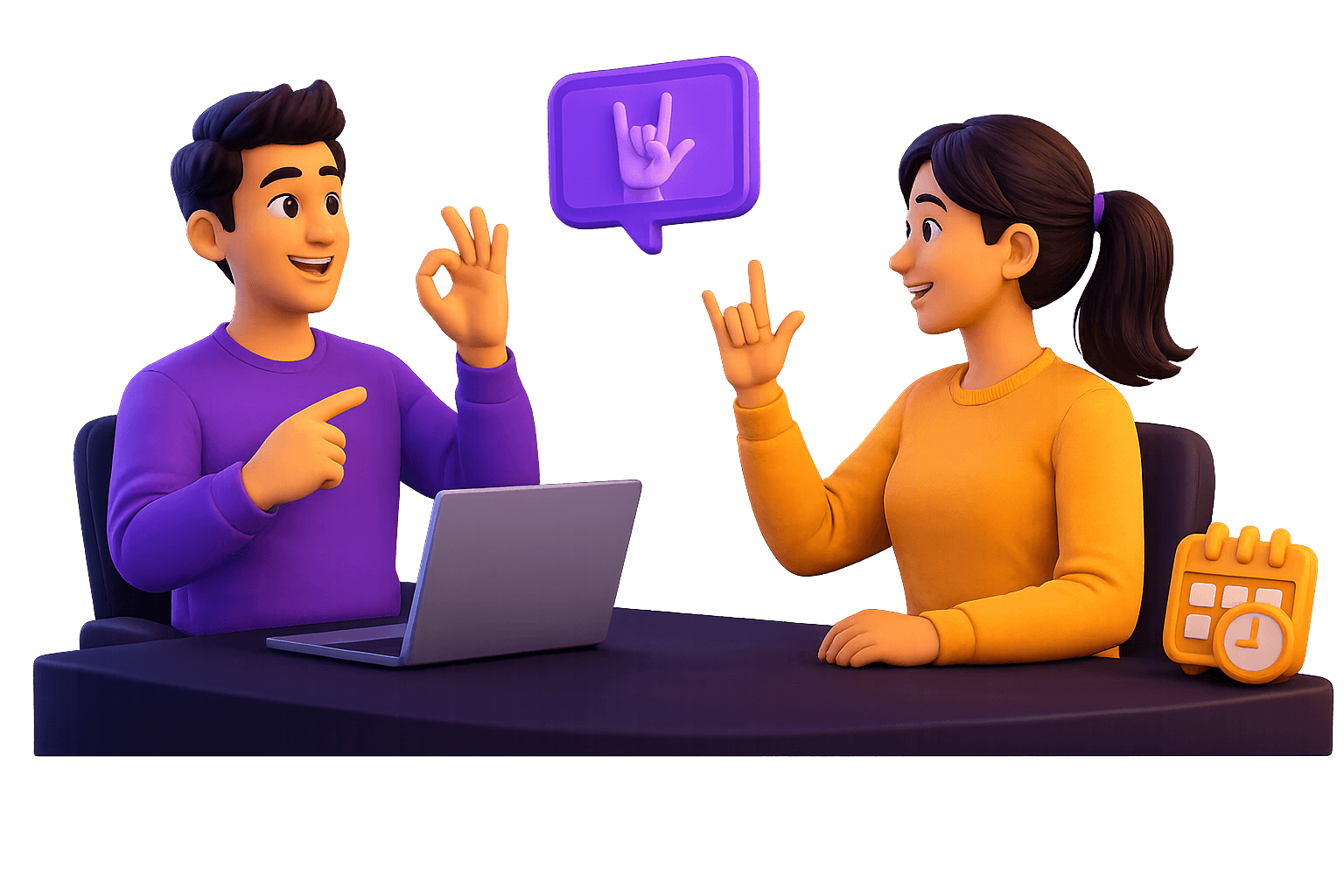 Two people communicating in sign language during an online session