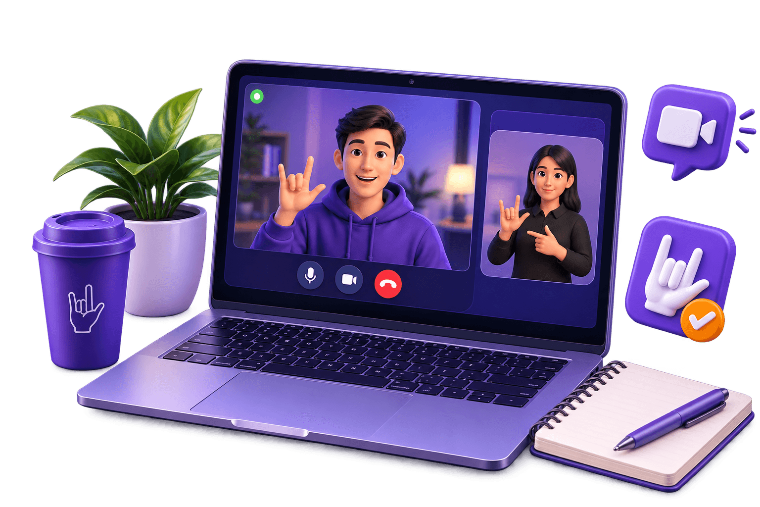 A candidate signs on a video call while an interpreter joins in an inset window