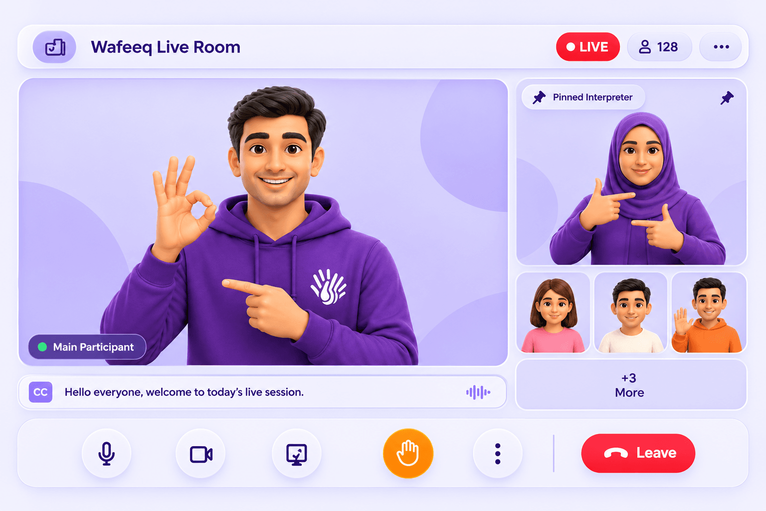 Wafeeq Live room: a large signing stage, a pinned interpreter and live captions